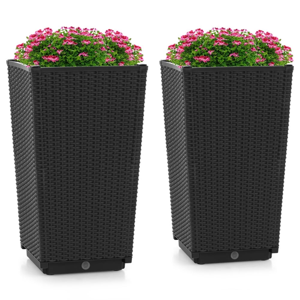 Resenkose Outdoor Wicker Flower Pot Set of 2 with Drainage Hole for Porch Balcony, Black