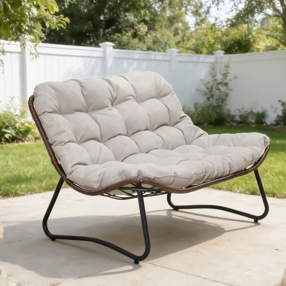 Resenkos Outdoor Wicker Patio Loveseat Sofa with Thick Luxury Cushion, All Weather Glider Bench for Garden, Balcony and Backyard, Brown
