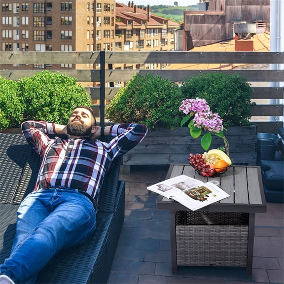 EDOEMSE Outdoor Wicker Side Table with Umbrella Hole & Storage Space, Square PE Rattan End Table for Patio Garden Poolside Deck, Grey