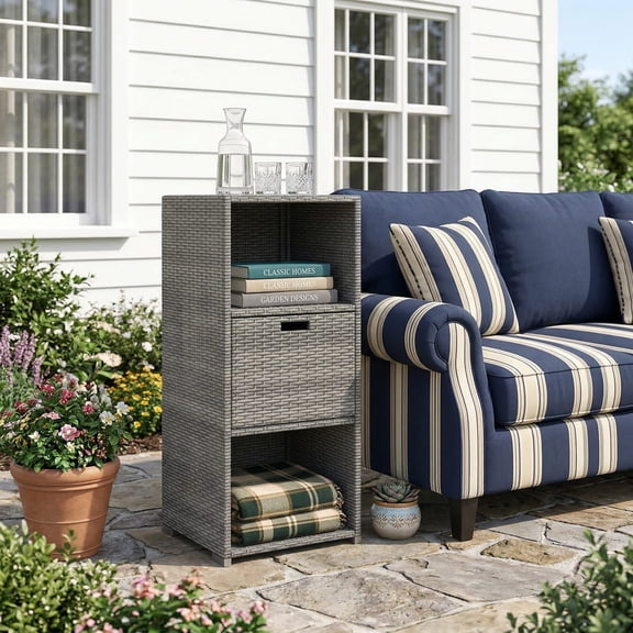 Resenkos Outdoor Wicker Storage Cabinet with Flexible Drawer and Open Shelves, Multi Purpose Patio Organizer for Garden, Patio and Poolside Storage, Gray