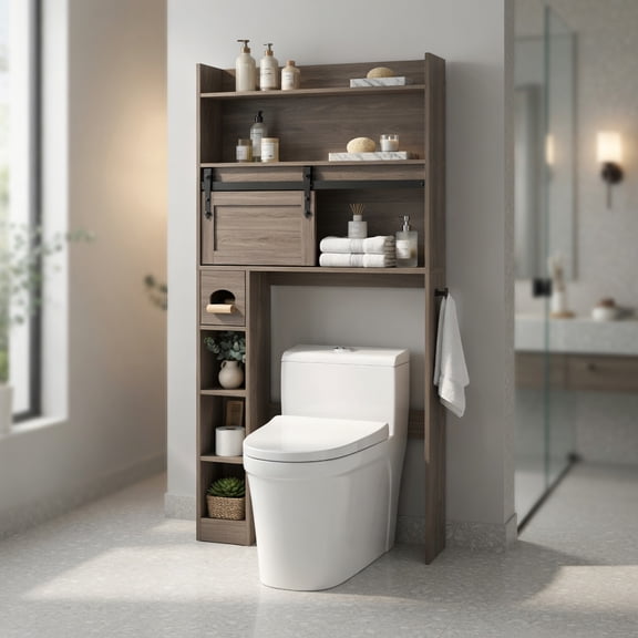 Resenkos Over The Toilet Storage Cabinet with Sliding Barn Door and Adjustable Shelves-Gray, Bathroom Cabinet Organizer