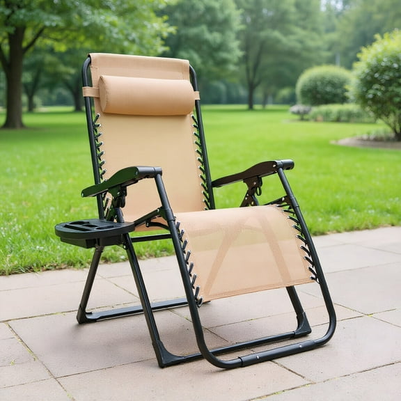 Resenkos Oversize Lounge Chair with Cup Holder of Heavy Duty for outdoor-Beige, Adjustable Zero Gravity Lounge Chair
