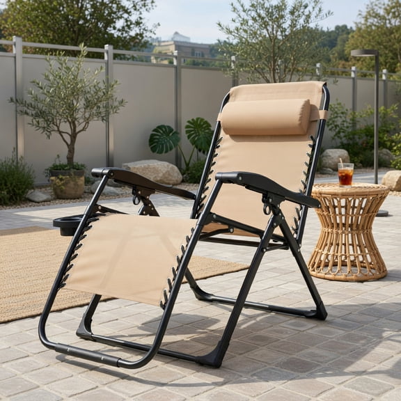 Resenkos Oversize Lounge Chair with Cup Holder of Heavy Duty for outdoor-Beige, Adjustable Zero Gravity Lounge Chair