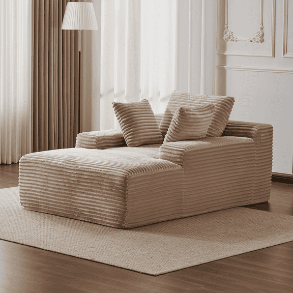 Resenkos Oversized Chaise Lounge, Plush Corduroy Sleeper Sofa with 3 Pillows & Armrest, No Assembly, Beige