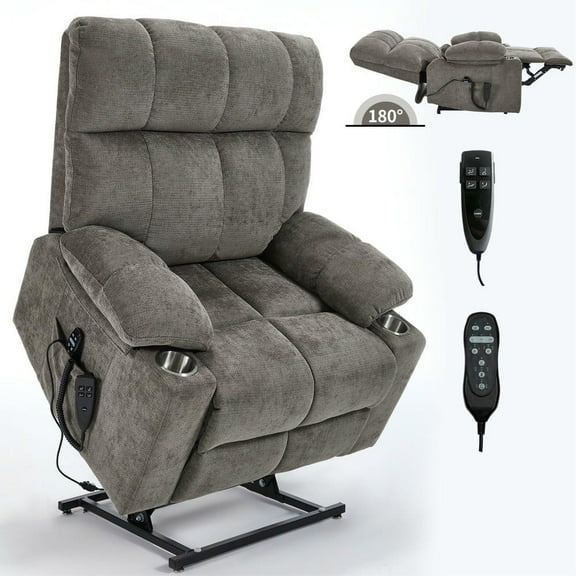 Resenkos Oversized Dual Motor Power Lift Recliner, 24.5" Wide Seat, Massage & Heat, Cup Holders, 350lb Capacity, Brown