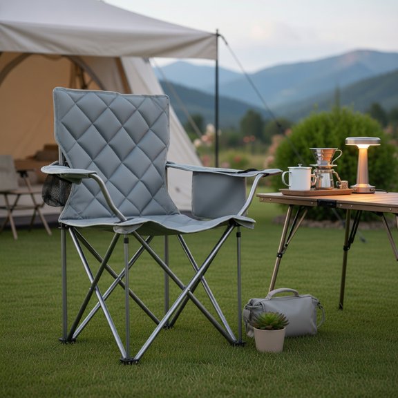 Resenkos Oversized Heavy Duty Folding Camping Chair with Cooler Pouch and Cup Holder, Supportive Outdoor Seat for Camping and Tailgating, Gray