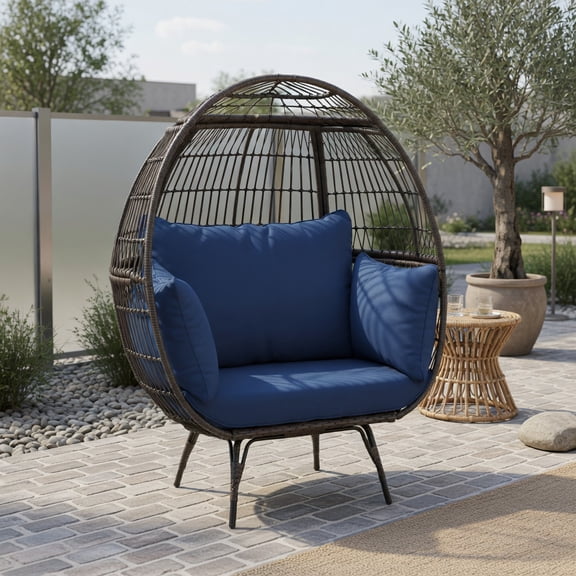 Resenkos Oversized Patio Rattan Egg Lounge Chair with 4 Cushions, Wicker Egg Chair Rattan Chair Navy