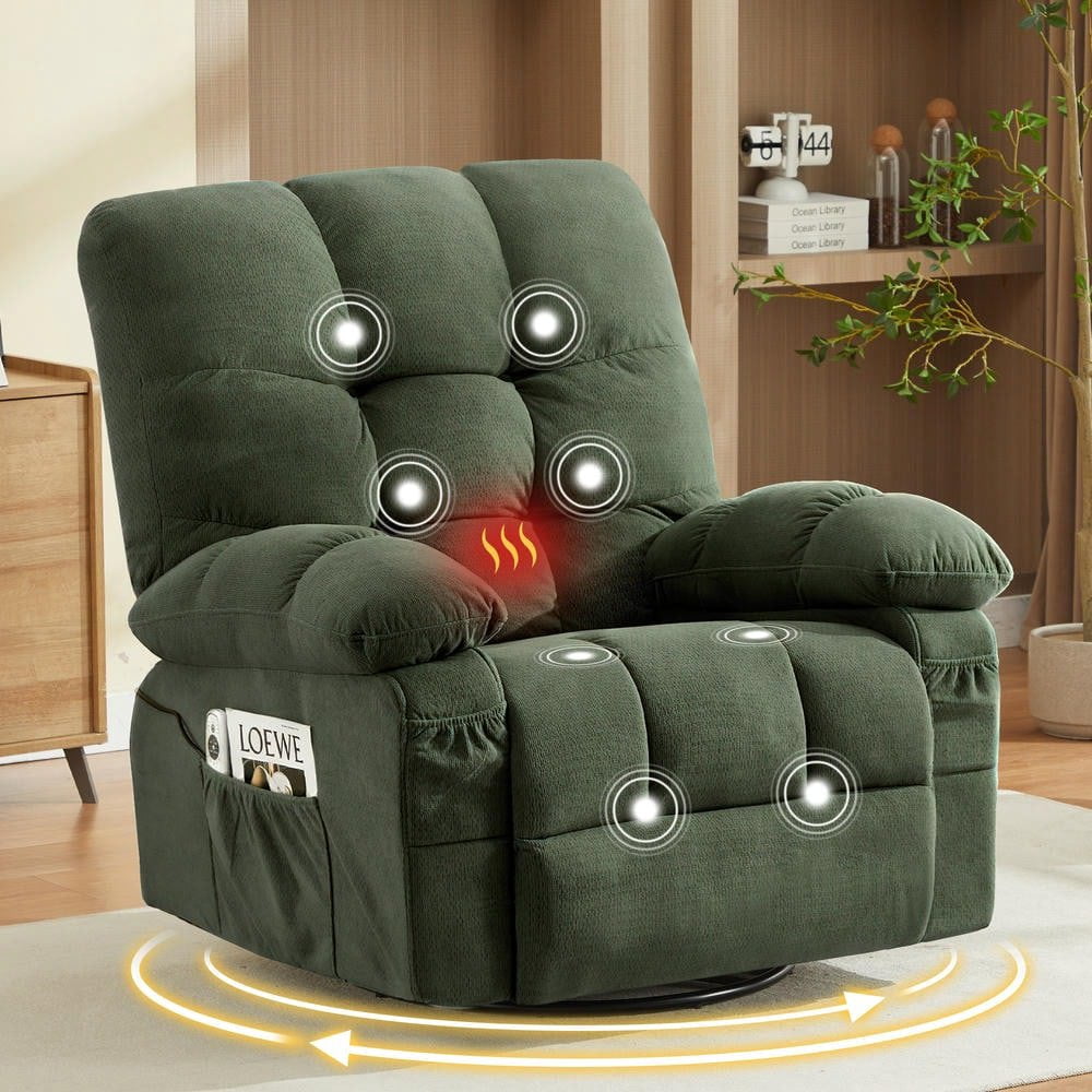 Resenkos Oversized Swivel Recliner Chair with Massage & Heat, 350lb Capacity, 8 Vibration Modes, USB Port, Green