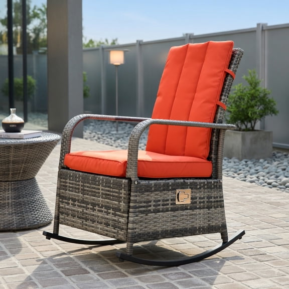 Resenkos PE Rattan Outdoor Rocking Recliner Chair with Adjustable Footrest & Removable Red Cushions Weatherproof Patio Lounge Chair for Backyard, Poolside & Porch