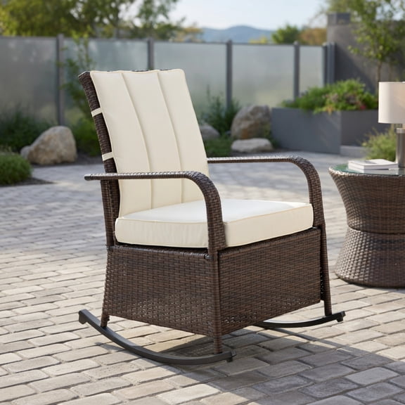 Resenkos PE Rattan Outdoor Rocking Recliner Chair with Adjustable Footrest & Removable Cushions Beige/Brown Wicker, White Cushions