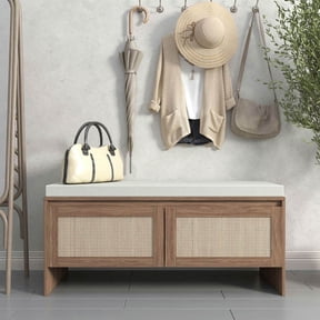 Resenkos PP Rattan Storage Bench with Cushion, Faux Rattan Shoe Cabinet (2 Doors), Mid-Century Modern Wood Entryway Seat- Brown