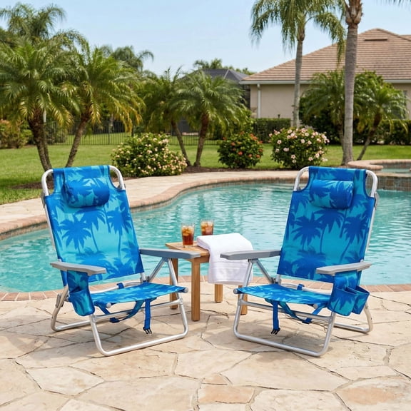 Resenkos Padded Headrest Lounger for Beach, 5-Position Adjustable Backrest 2-Piece Portable Backpack Beach Chairs, Blue