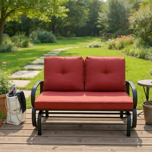 Resenkos Patio 2-Person Glider Bench Rocking Loveseat with Cushioned Armrest, Lounge Chair Outdoor with Weather Resistant Steel Frame for Porch Garden Outside, Red