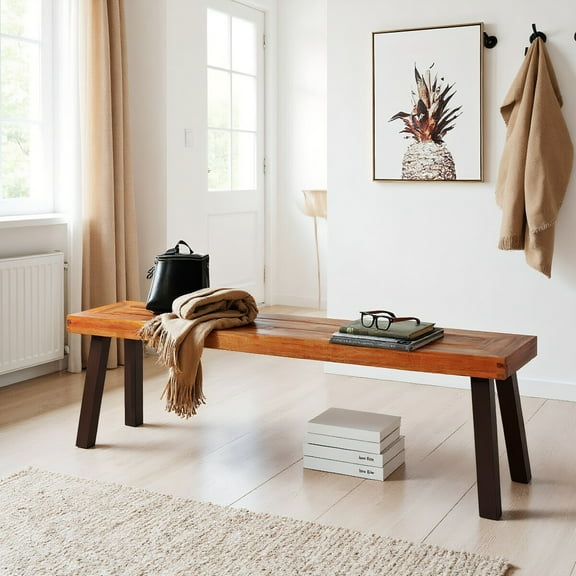 Resenkos Patio Acacia Wood Dining Bench Seat with Steel Legs, Garden Furniture, Easy Assembly, Suitable for Patio and Garden