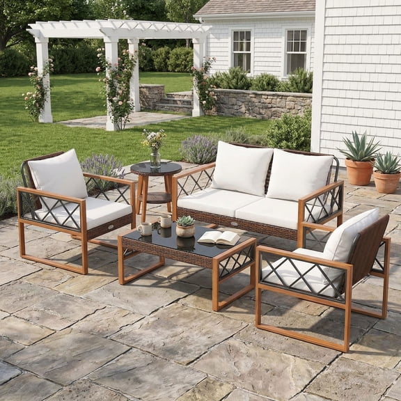 Resenkos Patio, Deck and Backyard Set, 5-Piece PE Rattan Furniture Kit with Acacia Wood Frame, Brown