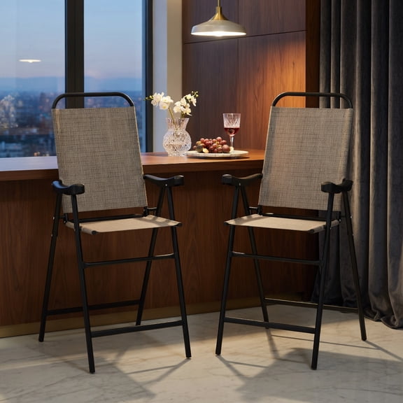 Resenkos Patio Folding Bar Stool Set of 2 with Metal Frame and Footrest-Coffee, Outdoor Dining Chair for Outside Patio, All Weather, Porch, Garden, Poolside