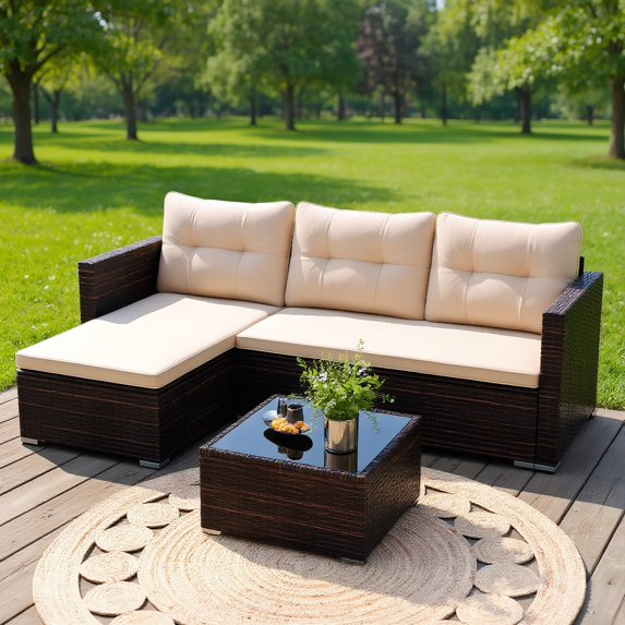 Resenkos Patio Furniture Sets,Outdoor & Patio Furniture Sets,2-Piece Outdoor Wicker Furniture Set with Tempered Glass Coffee Table and Soft Cushions-Beige