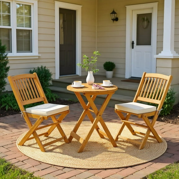 Resenkos Patio Furniture Sets,Outdoor & Patio Furniture Sets,3 Pieces Acacia Wood Patio Folding Bistro Set with Soft Cushions-Beige