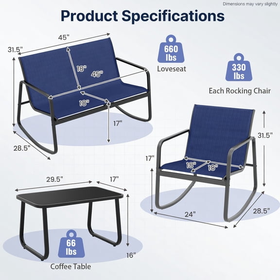 Resenkos Patio Furniture Sets,Outdoor & Patio Furniture Sets,4 Piece Patio Rocking Set with Glass-Top Table-Navy