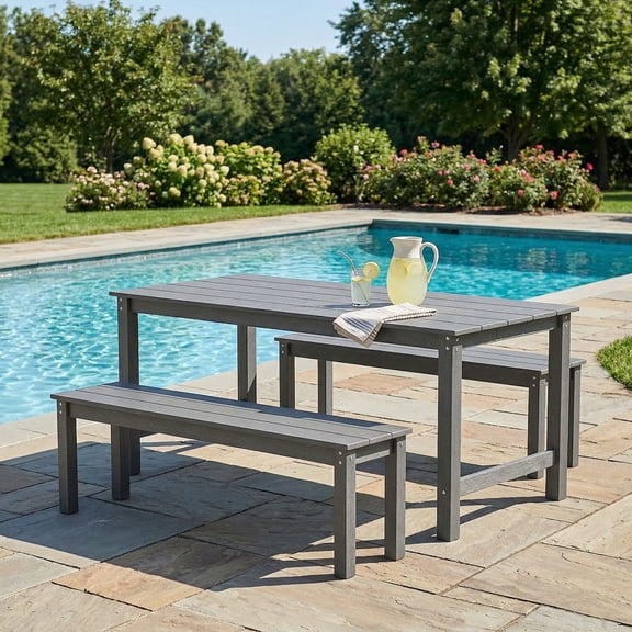 Resenkos Patio, Garden and Poolside Dining Set, 3-Piece Weatherproof HDPE Table with 2 Matching Benches, Gray