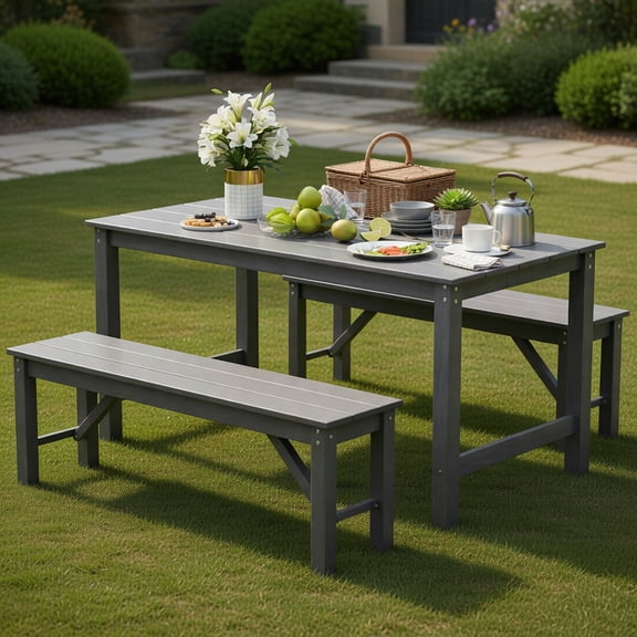 Resenkos 3-Piece Weatherproof HDPE Patio Dining Table Set with 2 Benches for Patio, Garden and Poolside, Gray