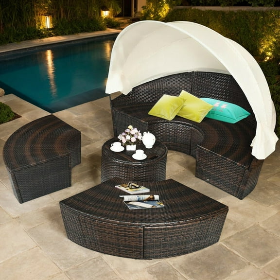 Resenkos Patio Round Daybed Rattan Furniture Sets with Canopy, Patio Seating Conversation Set, Modern Patio Sofa Sectional All Weather Proof for Patio Back Deck
