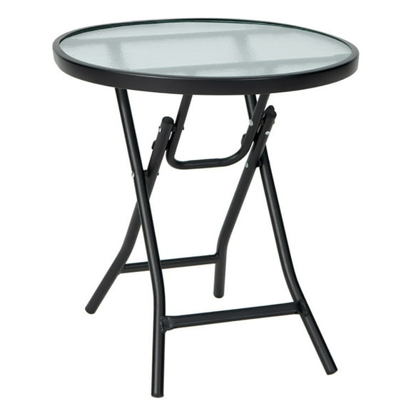 Resenkos Patio Side Table with Tempered Glass Tabletop, Slatted Outdoor Coffee Table for Outside Patio Storage