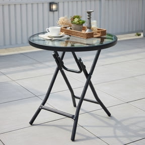 Resenkos Patio Side Table with Tempered Glass Tabletop, Slatted Outdoor Coffee Table for Outside Patio Storage