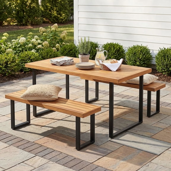 Resenkos Patio and Garden Outdoor Set, 3-Piece 63 Inch Acacia Wood Table with 2 Backless Benches, Brown