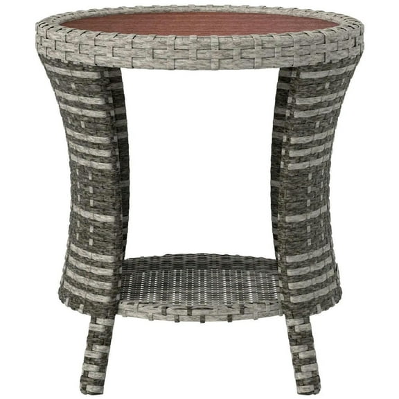 Resenkos Patio&nbsp;Coffee&nbsp;Tables,Patio Tables,18" PE Rattan Patio Side Table with 2-Tier Storage, Composite Wood Top, Mixed Gray
