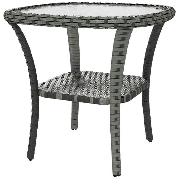 Resenkos PatioCoffeeTables,Patio Tables,Hand-Woven Wicker Side Table with Water-Ripple Glass Top, Mix Gray