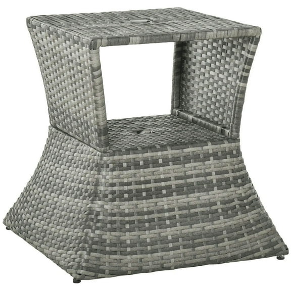 Resenkos PatioCoffeeTables,Patio Tables,Rattan Wicker Side Table with Umbrella Hole, 2 Tier Storage Shelf, Mixed Grey
