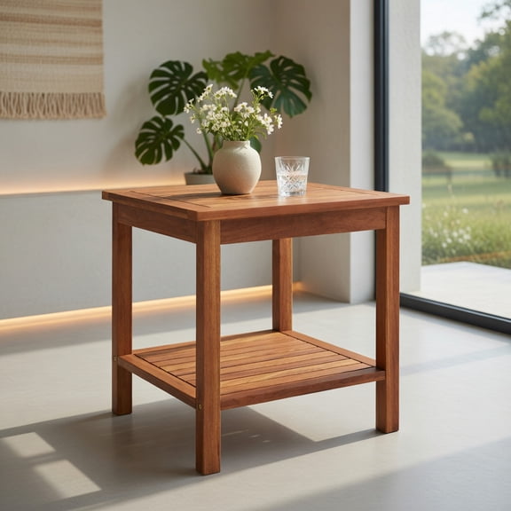 Resenkos PatioCoffeeTables,Patio Tables,Set of 2 Double-Tier Acacia Wood Patio Side Table with Slatted Tabletop and Shelf