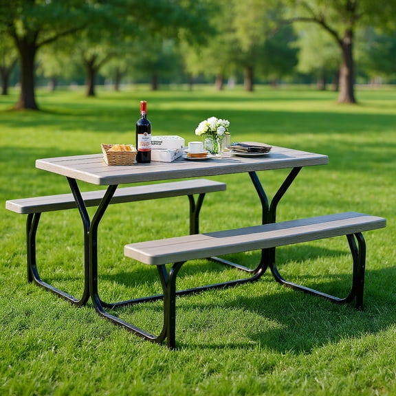 Resenkos Picnic Table Bench Set for Outdoor Camping -Gray for Patio Back Deck, Balcany, Poolside