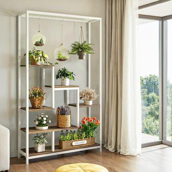 Resenkos Plant Stand,Flower Pot Holder Shelf Planter Display Shelving Unit,70.9" Plant Stand, Large Flower Bonsai Shelf with 6 S Hanging Hooks,Rustic Brown,White