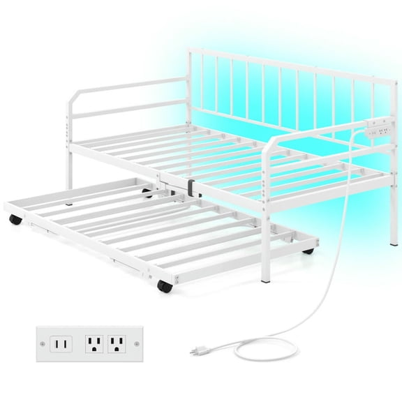 Resenkos Platform Bed Frame, Bedroom Bed Frame,Adjustable Metal Twin Size Daybed with Charging Station and LED Light-White