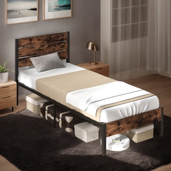 Resenkos Platform Bed Frame, Bedroom Bed Frame,Full/King/Queen/Twin Size Bed Frame with High Headboard and Mute Bar-Twin Size