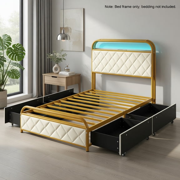 Resenkos Platform Bed Frame, Bedroom Bed Frame,Twin/Full/Queen Size Bed Frame with LED Lights and Charging Station Gold-Twin Size
