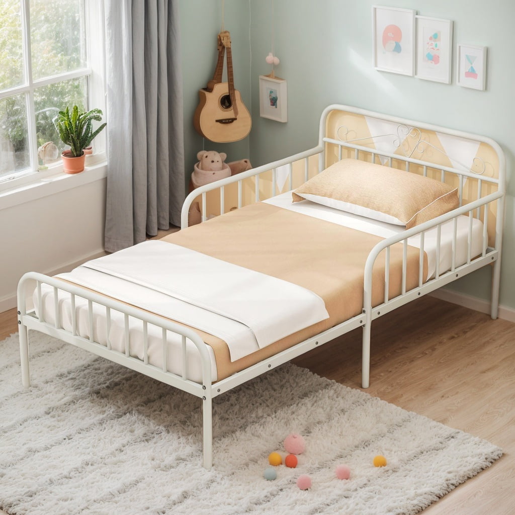 Resenkos Platform Bed Frame, Bedroom Bed Frame,Twin Size Bed Frame with Headboard and Safety Side Guardrails-White