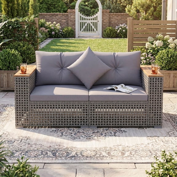 Resenkos Plush Cushioned Wicker Seating, 2-Piece Modular Outdoor Corner Sofa Group for Poolside, Patio and Terrace, Gray