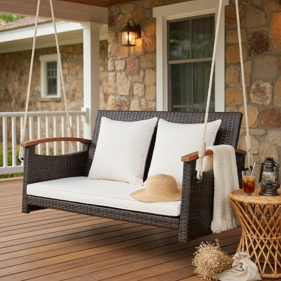Resenkos Porch Swing, 2-Person Patio Rattan Porch Swing, Hanging Outdoor Porch Swings for Garden, Backyard
