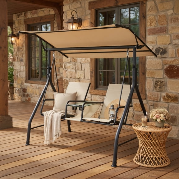 Resenkos Porch Swing, 2-Seat Outdoor Cushioned Porch Swing with Adjustable Canopy and Tempered Glass Table-Beige, Hanging Outdoor Porch Swings for Garden, Backyard