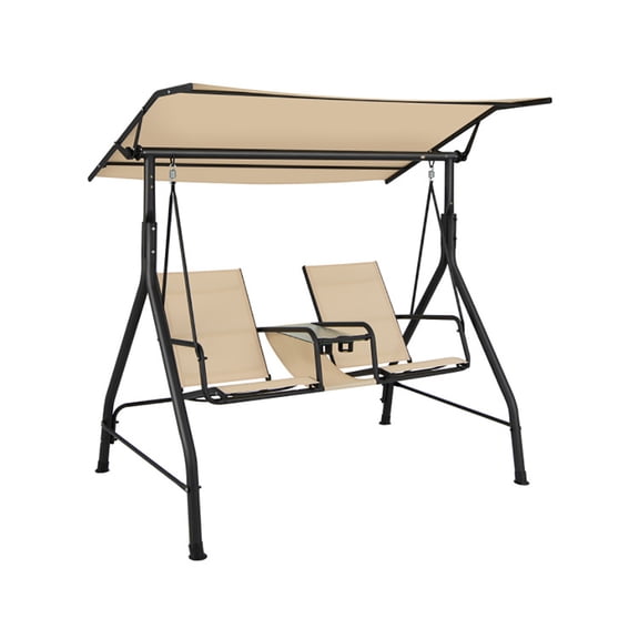 Resenkos Porch Swing, 2-Seat Outdoor Cushioned Porch Swing with Adjustable Canopy and Tempered Glass Table-Beige, Hanging Outdoor Porch Swings for Garden, Backyard