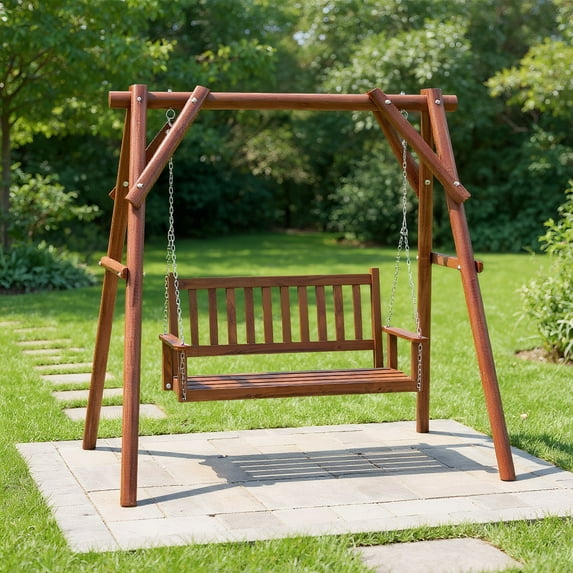 Resenkos Porch Swing, 3-Person Wooden Outdoor Porch Swing with 800 lbs Weight Capacity-Brown, Hanging Outdoor Porch Swings for Garden, Backyard
