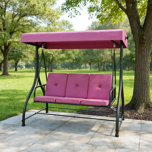 Resenkos Porch Swing, 3 Seat Outdoor Porch Swing with Adjustable Canopy-Wine, Hanging Outdoor Porch Swings for Garden, Backyard