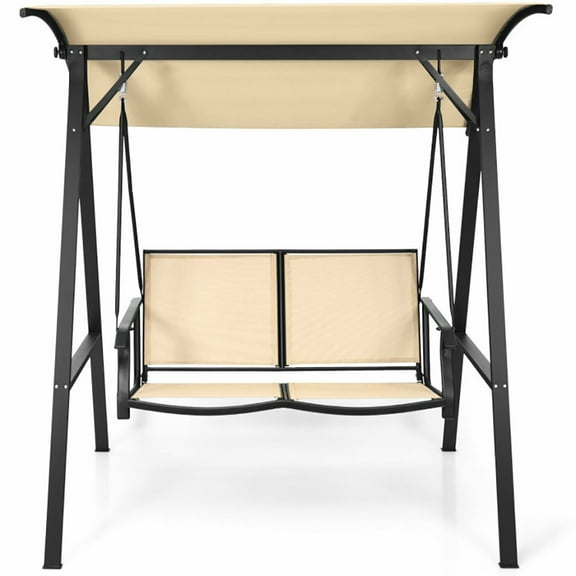 Resenkos Porch Swing, Outdoor Porch Steel Hanging 2-Seat Swing Loveseat with Canopy-Beige, Hanging Outdoor Porch Swings for Garden, Backyard