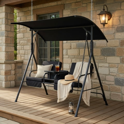 Resenkos Porch Swing, Porch Swing Chair with Adjustable Canopy-Black, Hanging Outdoor Porch Swings for Garden, Backyard