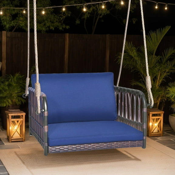 Resenkos Porch Swing, Single Person Hanging Seat with Seat and Back Cushions-Navy, Hanging Outdoor Porch Swings for Garden, Backyard