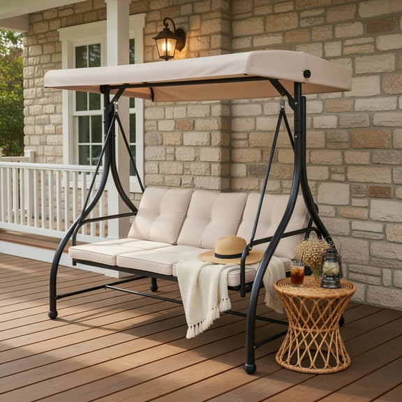 Resenkos Porch Swings, Outdoor Patio Swings,3 Seats Converting Outdoor Swing Canopy Hammock with Adjustable Tilt Canopy-Beige