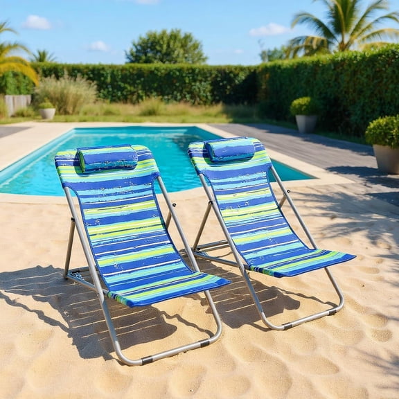 Resenkos Portable Beach Chair Set of 2 with Headrest -Blue, Backpack Folding Beach Chairs, Folding Beach Chair for Outdoor, Lawn, Trip, Picnic